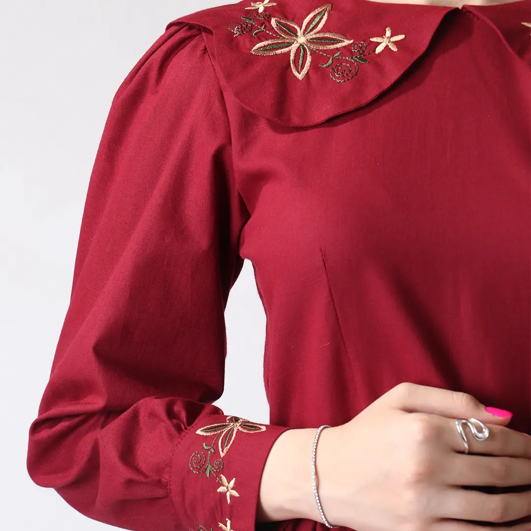 سارافون لینن دخترانه یقه گلدوزی کد 435 | سارافون سبک و شیک نوجوان