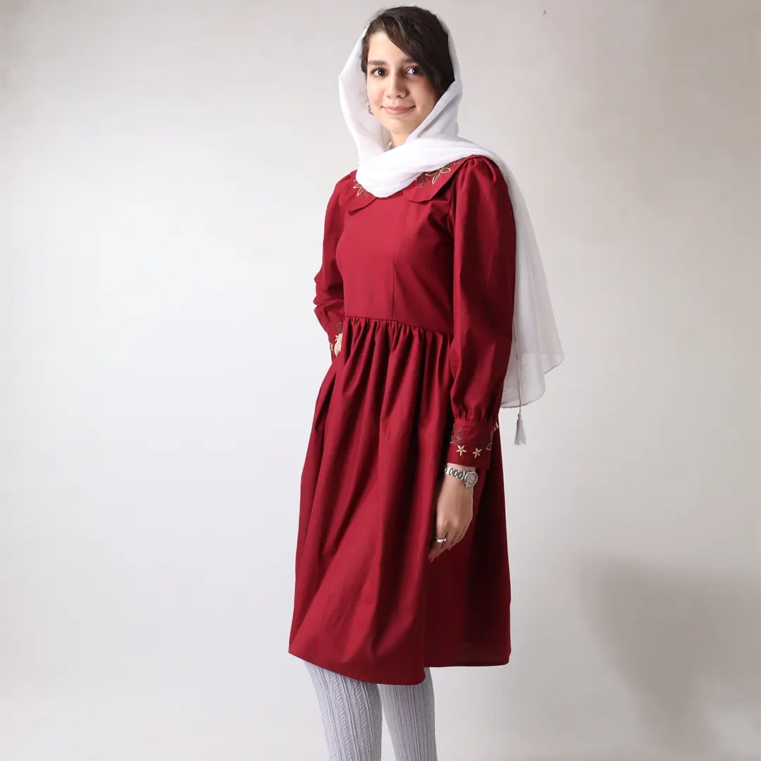 سارافون لینن دخترانه یقه گلدوزی کد 435 | سارافون سبک و شیک نوجوان