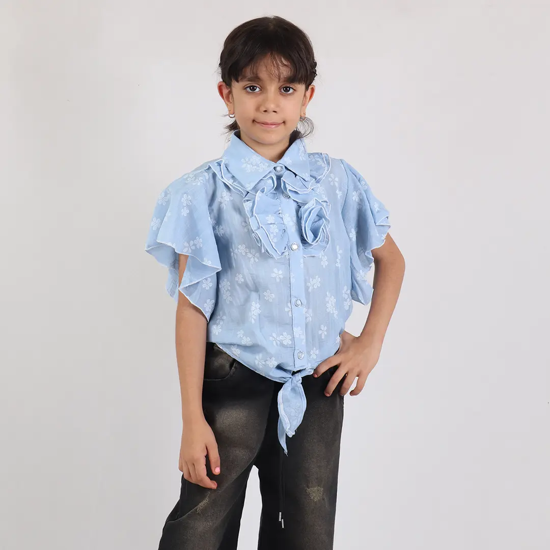 شومیز دخترانه گدار گره ای  آبی مدل 9653