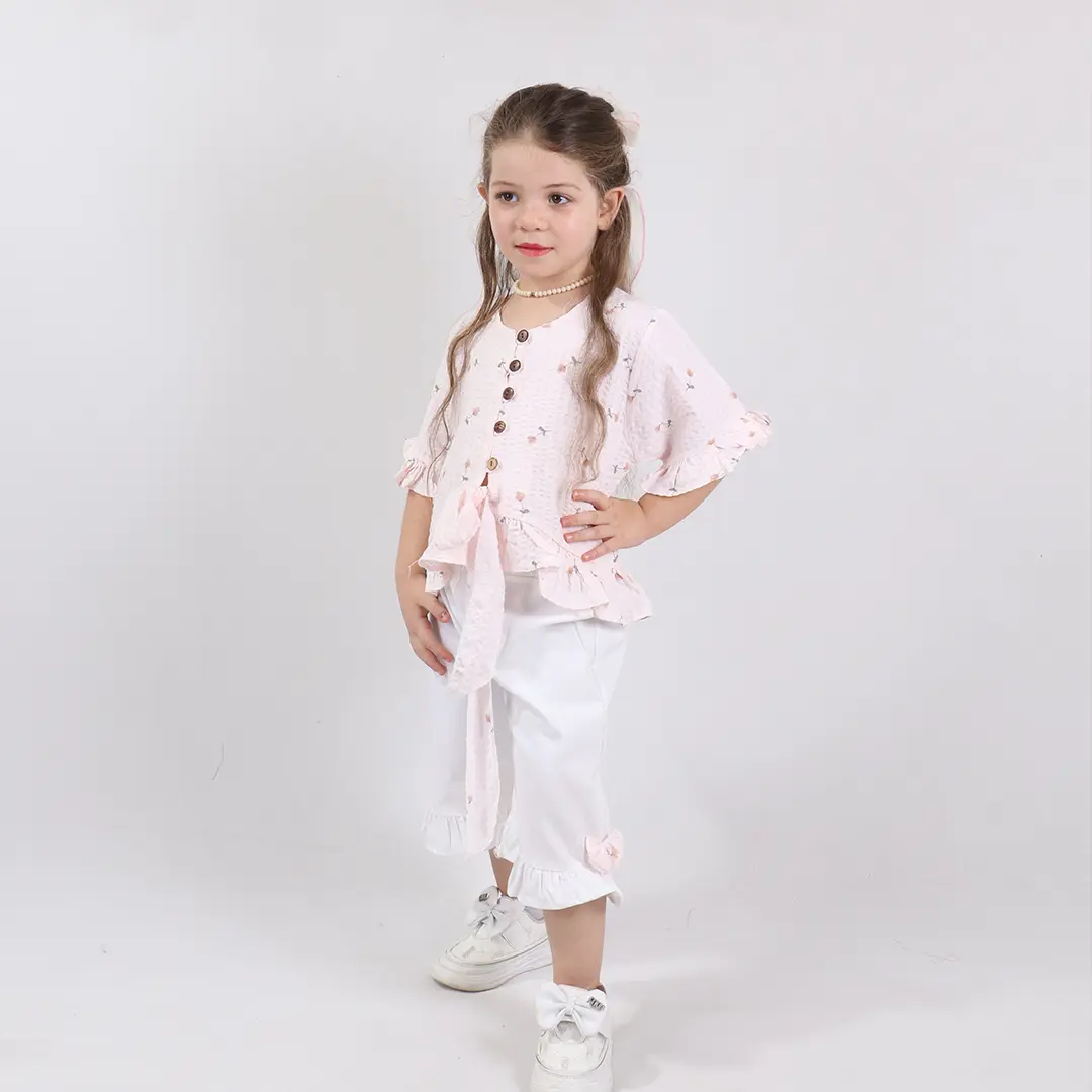 کراپ گره ای و شلوارک دخترانه صورتی مدل 6369