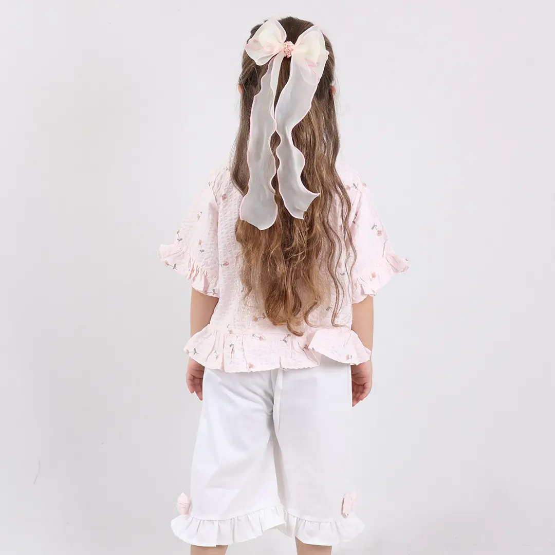 کراپ گره ای و شلوارک دخترانه صورتی مدل 6369